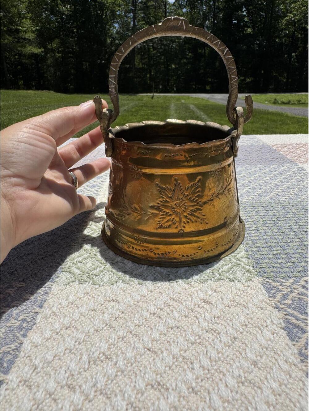 Vintage Hammered Copper Cauldron with Brass Handle